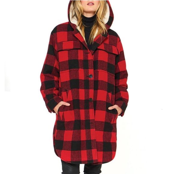 red black check coat